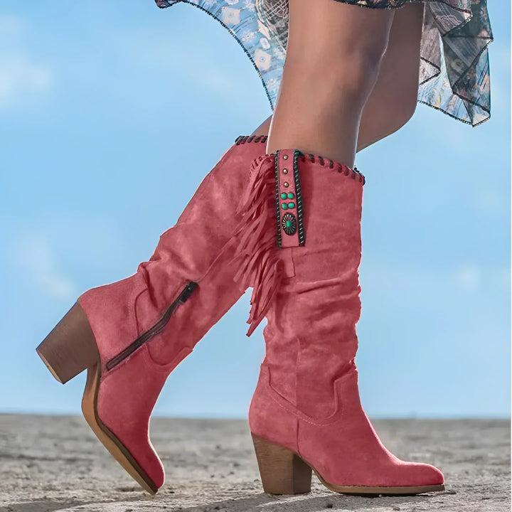 Olivia Western Stiefel | Cowboy Boots mit Fransen und Blockabsatz