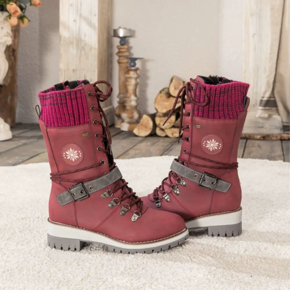 Gefütterte Winterstiefel Damen - Bequeme Schnürboots mit Plateau-Sohle & Strickbund