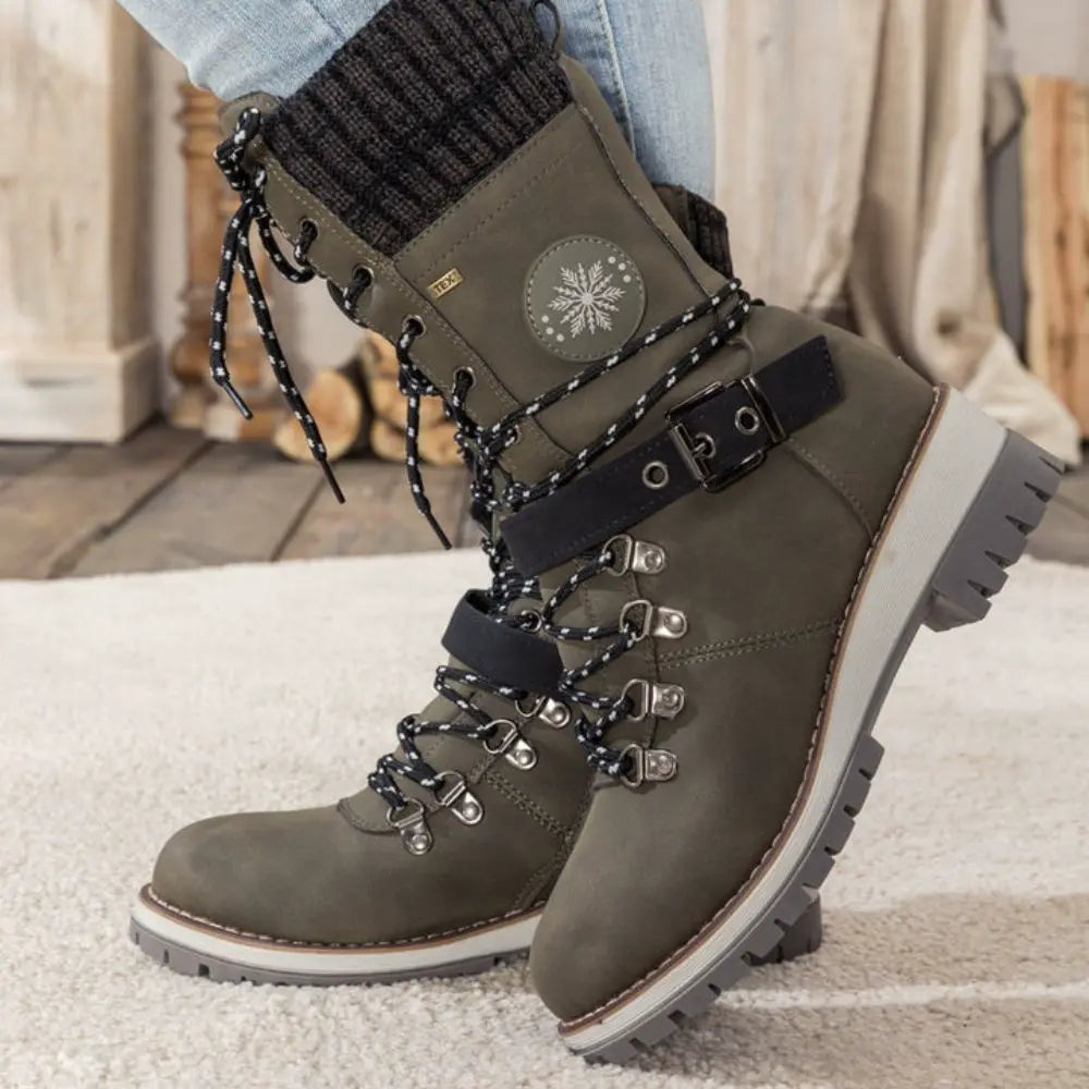 Gefütterte Winterstiefel Damen - Bequeme Schnürboots mit Plateau-Sohle & Strickbund