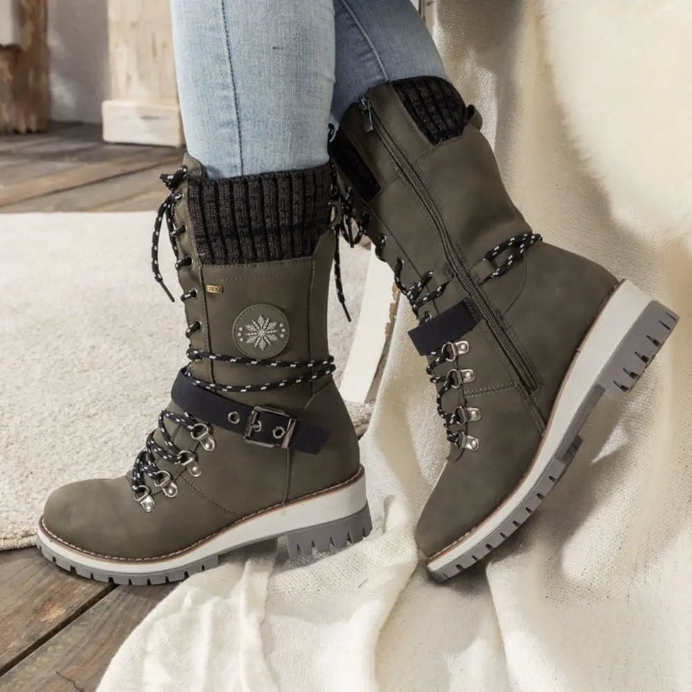 Gefütterte Winterstiefel Damen - Bequeme Schnürboots mit Plateau-Sohle & Strickbund