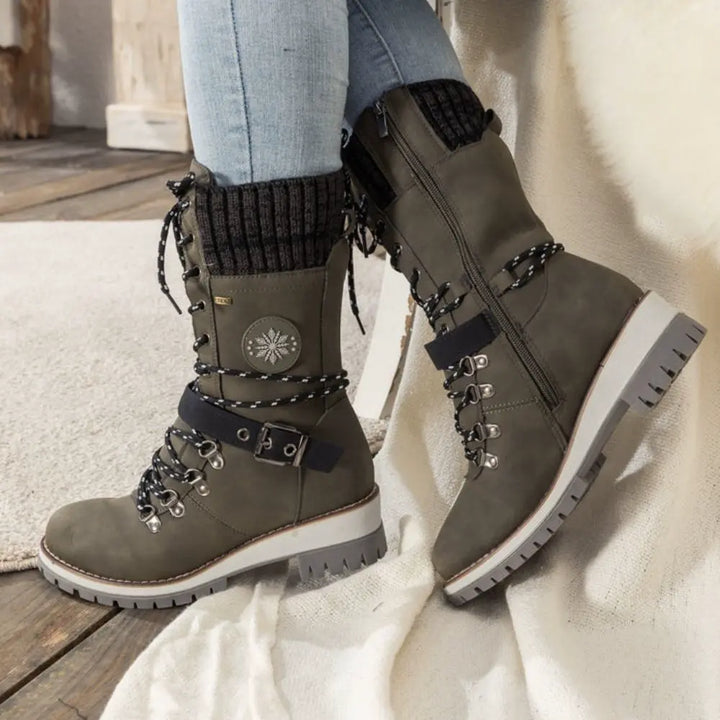 Gefütterte Winterstiefel Damen - Bequeme Schnürboots mit Plateau-Sohle & Strickbund