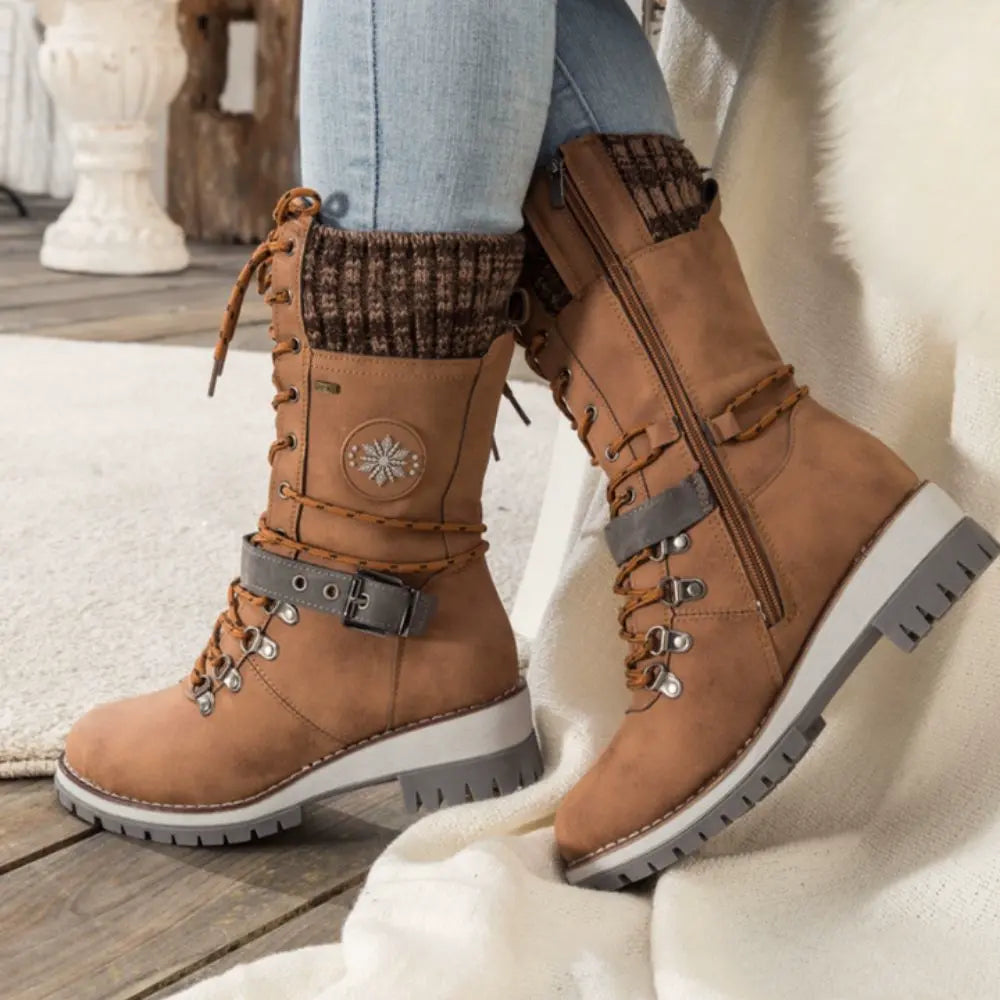 Gefütterte Winterstiefel Damen - Bequeme Schnürboots mit Plateau-Sohle & Strickbund
