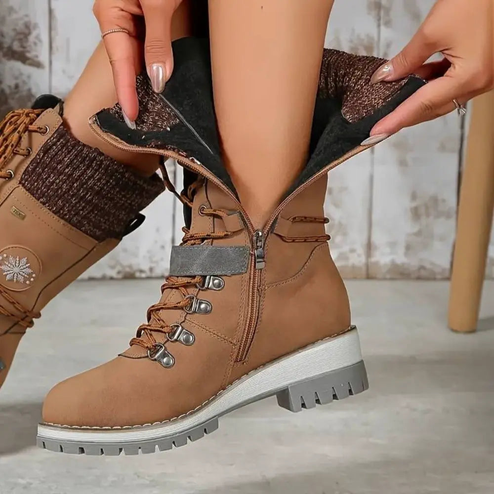 Gefütterte Winterstiefel Damen - Bequeme Schnürboots mit Plateau-Sohle & Strickbund