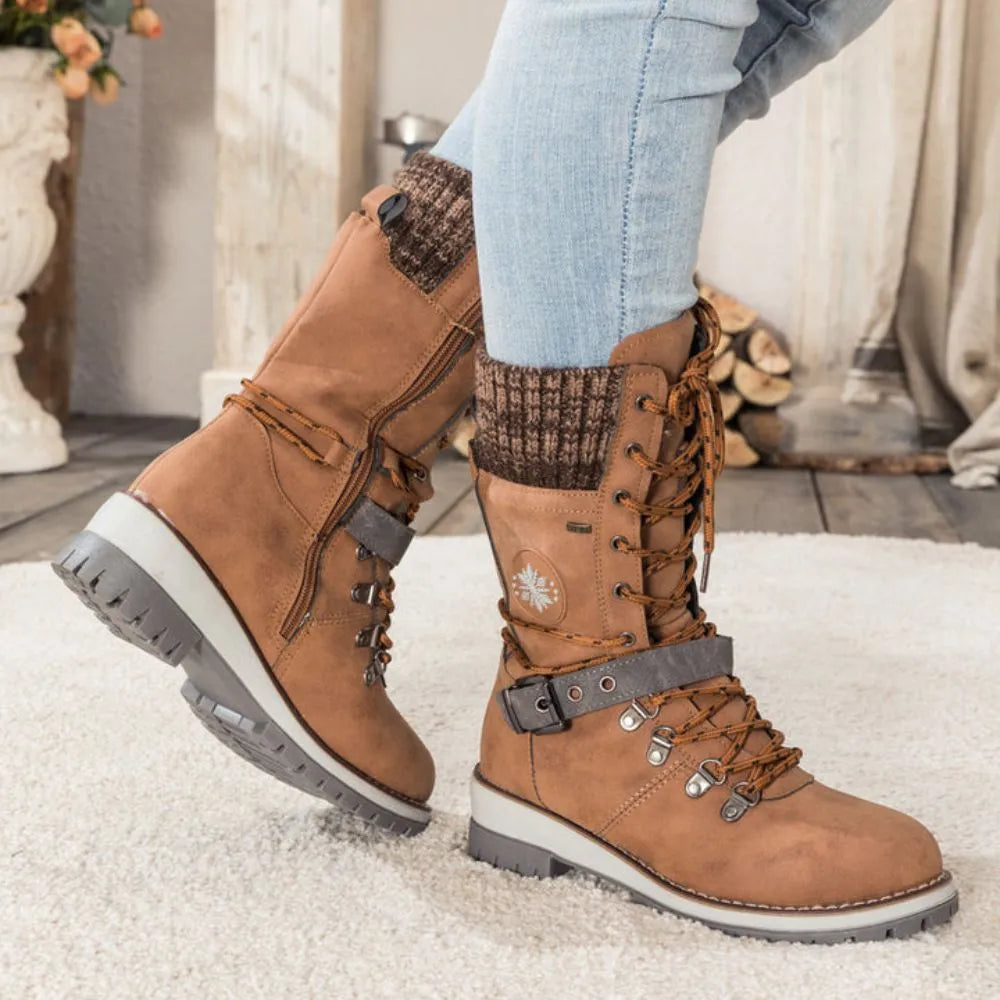 Gefütterte Winterstiefel Damen - Bequeme Schnürboots mit Plateau-Sohle & Strickbund