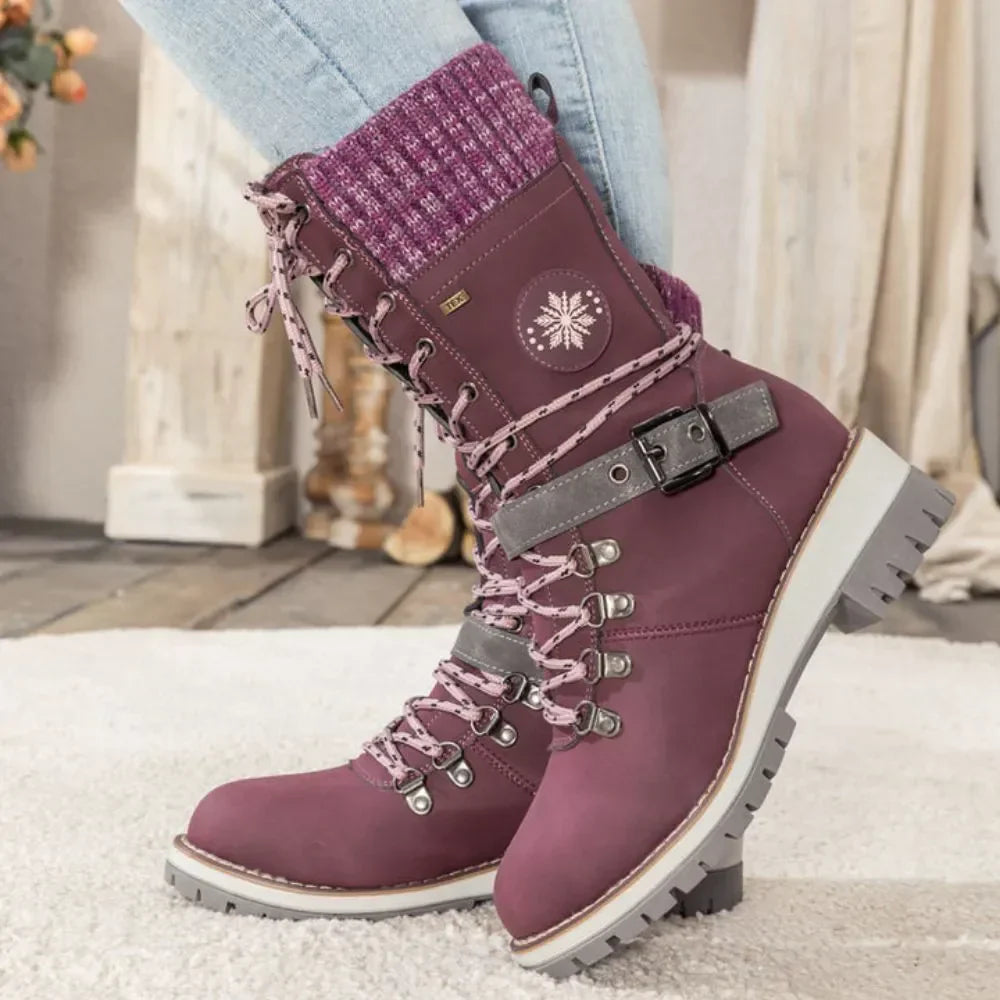 Gefütterte Winterstiefel Damen - Bequeme Schnürboots mit Plateau-Sohle & Strickbund