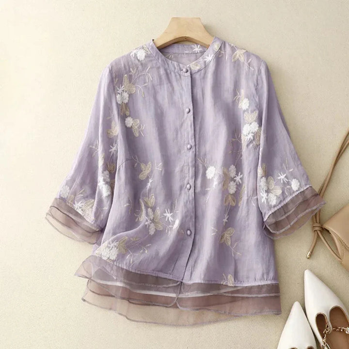 Olivia Stickerei Bluse | Festliche Damen Tunika mit Stehkragen