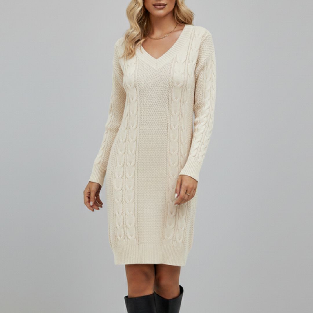 Strickkleid mit Zopfmuster & V-Ausschnitt für Damen - Langarm Pulloverkleid Mini - Casual für Herbst/Winter