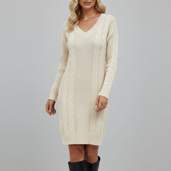 Strickkleid mit Zopfmuster & V-Ausschnitt für Damen - Langarm Pulloverkleid Mini - Casual für Herbst/Winter