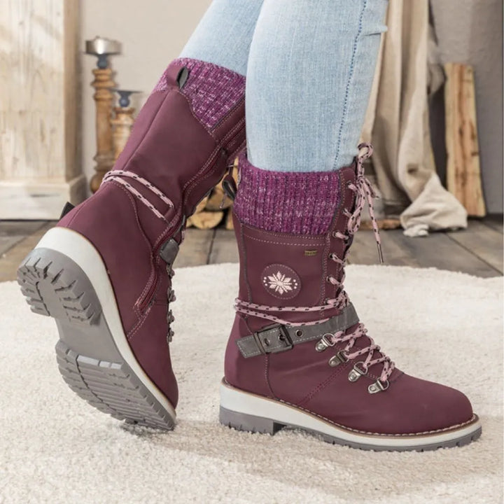 Gefütterte Winterstiefel Damen - Bequeme Schnürboots mit Plateau-Sohle & Strickbund