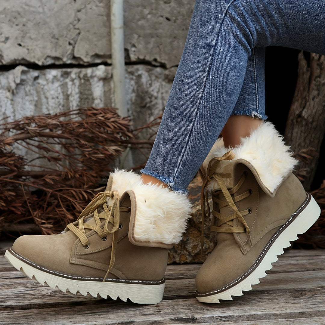 Winterstiefel für Damen - Flanell gefütterte Schnürstiefel mit Plateau & Warmfutter