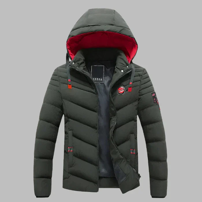 Dunkelgraue Herren-Daunenjacke mit Kapuze, rotem Innenfutter und Reißverschluss. Winterjacke, warm, stilvoll, ideal für kaltes Wetter.