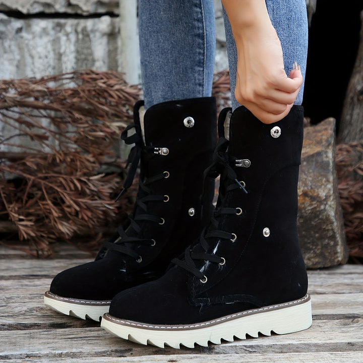 Winterstiefel für Damen - Flanell gefütterte Schnürstiefel mit Plateau & Warmfutter