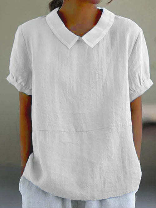 Damen Leinen Bluse Hellblau | Kurzarm Shirt mit Bubikragen