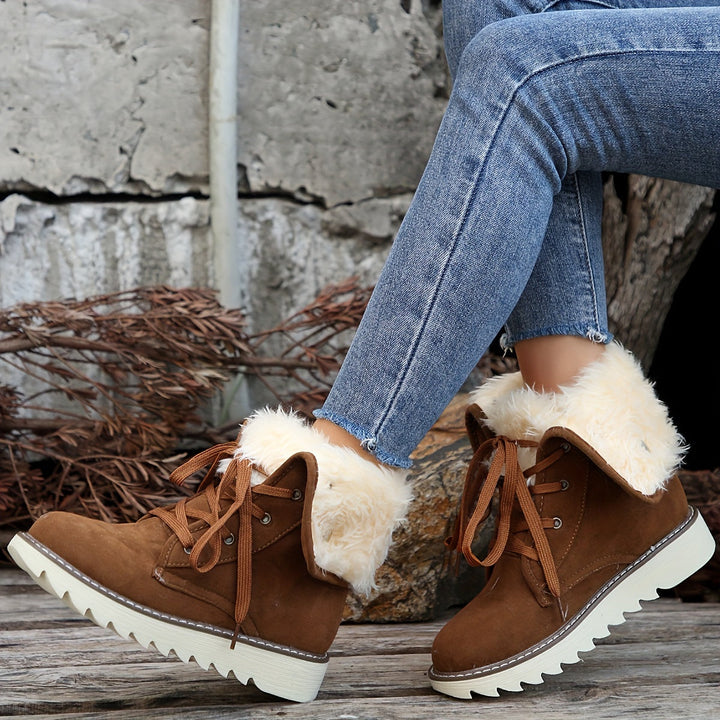 Winterstiefel für Damen - Flanell gefütterte Schnürstiefel mit Plateau & Warmfutter