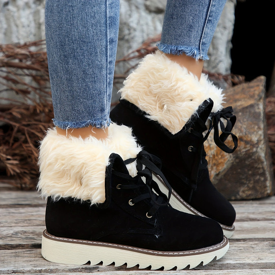 Winterstiefel für Damen - Flanell gefütterte Schnürstiefel mit Plateau & Warmfutter
