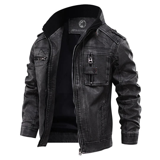 Herren Lederjacke in Schwarz – Robuste Winter Bikerjacke mit Stehkragen für Kalte Tage