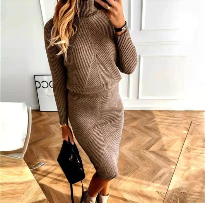Zweiteiler Damen Strick-Set - Pullover mit Rollkragen & Midi-Rock - Elegant für Herbst/Winter
