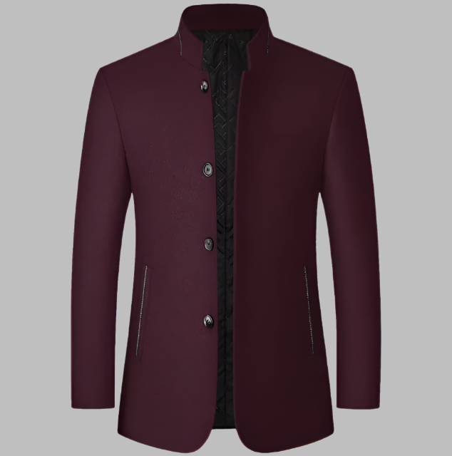 Bordeauxfarbener Herrenblazer mit Stehkragen, Knopfleiste und seitlichen Taschen. Eleganter Anzugjacke für formelle Anlässe.