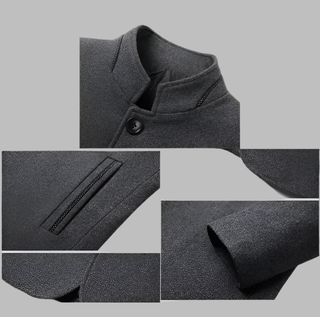 Grauer Herrenblazer mit Stehkragen, Knopfverschluss und Reißverschlusstasche. Elegantes Design, ideal für formelle Anlässe und Business-Outfits.