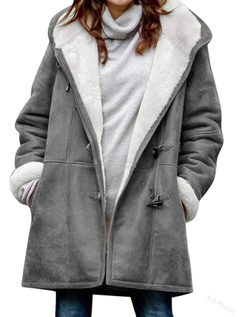Caudalie Winterjacke | Warme lange Fleece-Winterjacke mit Kapuze für Damen