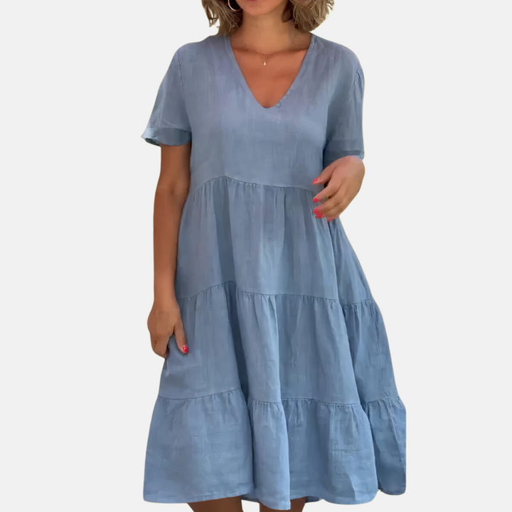 Isabella Leinenkleid Midi | Luftiges Sommerkleid mit V-Ausschnitt für Damen
