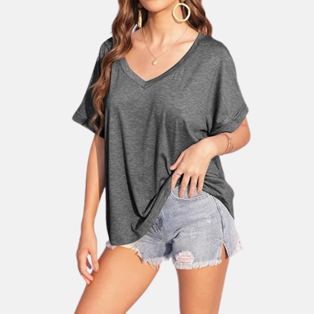 Damen Leinenbluse | Oversized T-Shirt V-Ausschnitt Kurzarm | Sommer Oberteil Locker