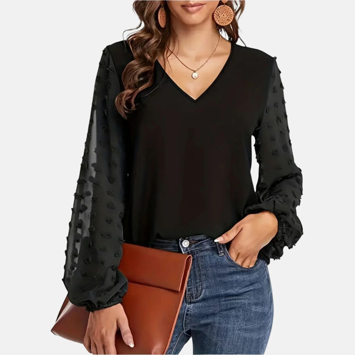 Carmen Bluse | Plus Size Uni V-Ausschnitt Top mit Puffärmeln