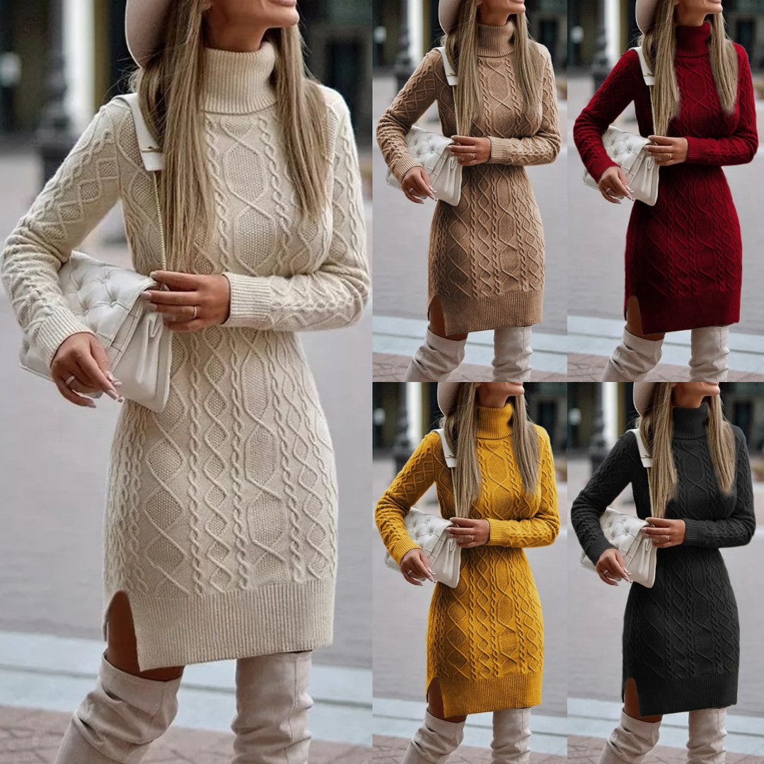 Strickkleid mit Zopfmuster & Rollkragen für Damen - Figurbetontes Pulloverkleid Midi - Für Herbst/Winter