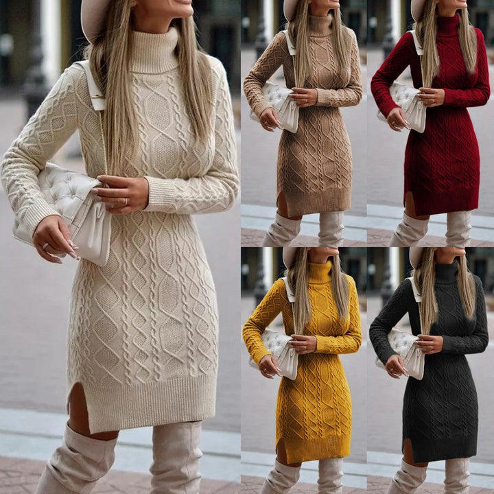 Strickkleid mit Zopfmuster & Rollkragen für Damen - Figurbetontes Pulloverkleid Midi - Für Herbst/Winter