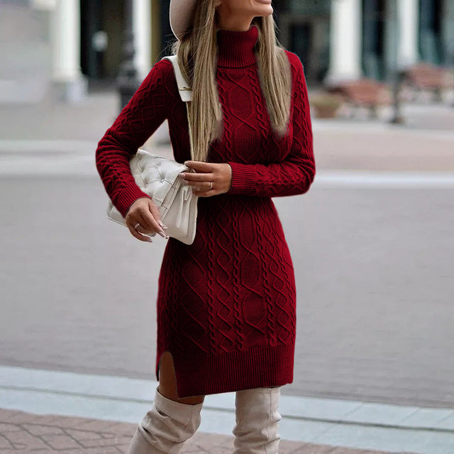 Strickkleid mit Zopfmuster & Rollkragen für Damen - Figurbetontes Pulloverkleid Midi - Für Herbst/Winter