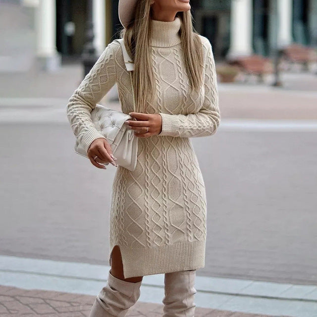 Strickkleid mit Zopfmuster & Rollkragen für Damen - Figurbetontes Pulloverkleid Midi - Für Herbst/Winter