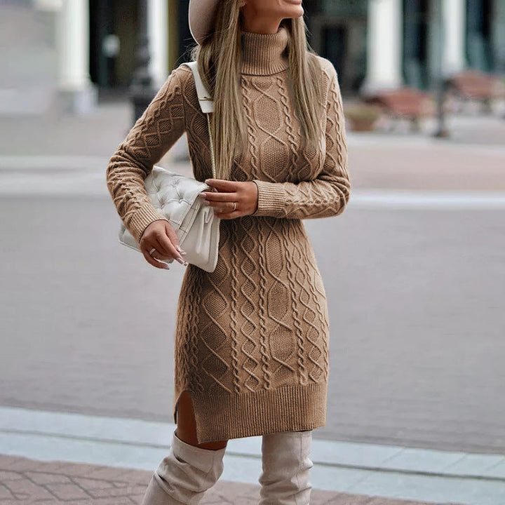 Strickkleid mit Zopfmuster & Rollkragen für Damen - Figurbetontes Pulloverkleid Midi - Für Herbst/Winter