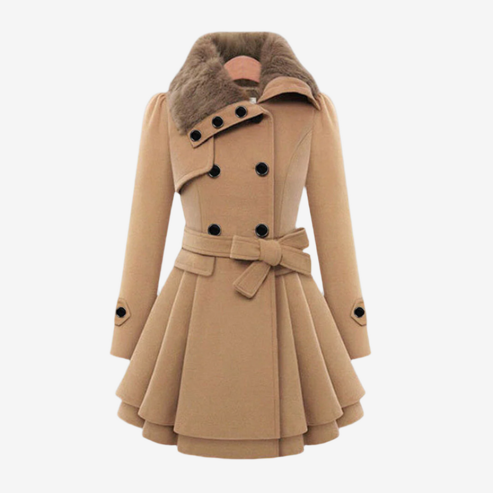 Elegante wollen Double-breasted winterjas met knopen en faux bont
