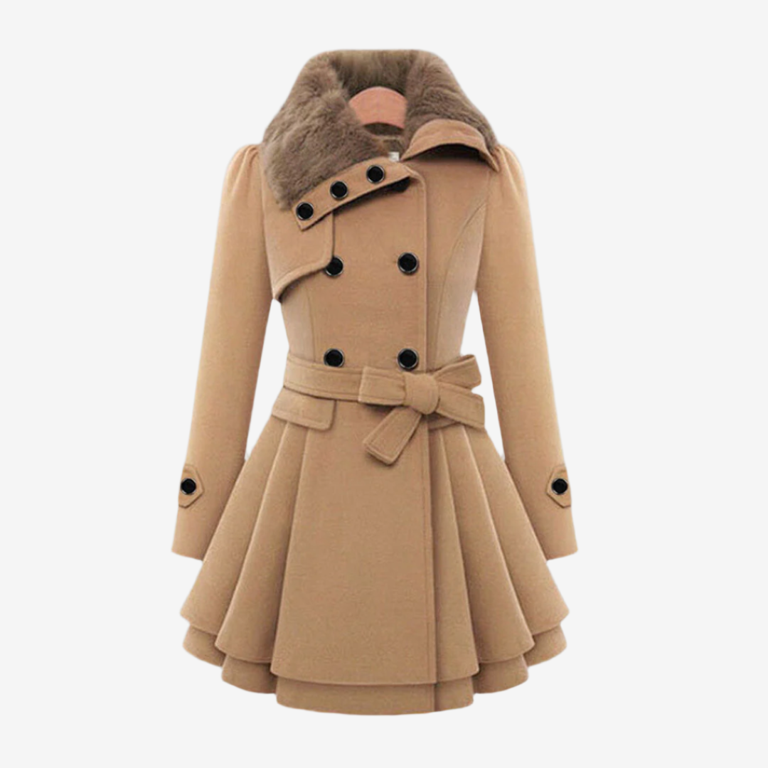 Elegante wollen Double-breasted winterjas met knopen en faux bont
