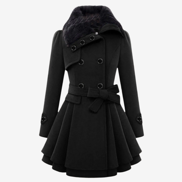 Elegante wollen Double-breasted winterjas met knopen en faux bont