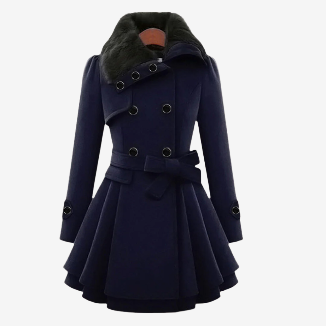 Elegante wollen Double-breasted winterjas met knopen en faux bont