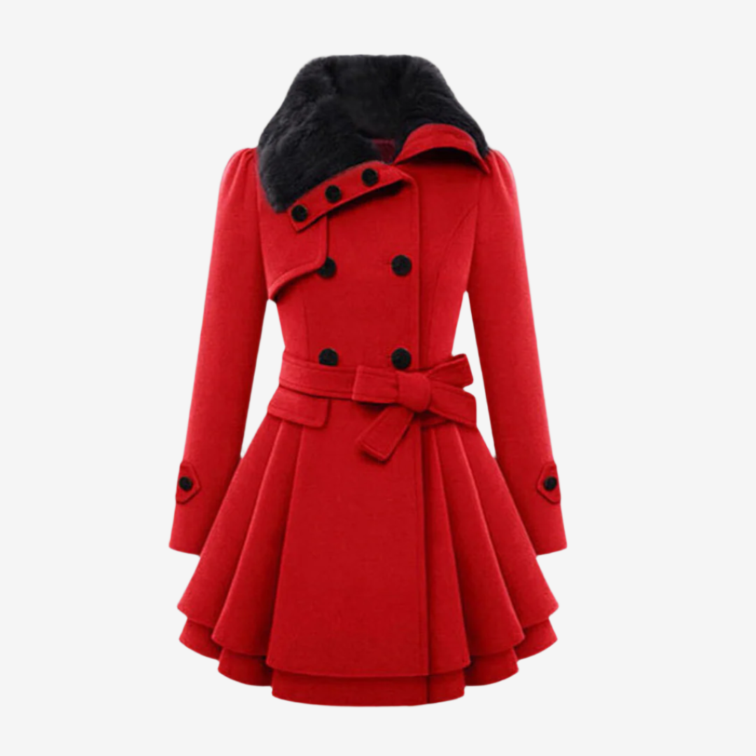 Elegante wollen Double-breasted winterjas met knopen en faux bont