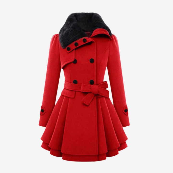 Elegante wollen Double-breasted winterjas met knopen en faux bont