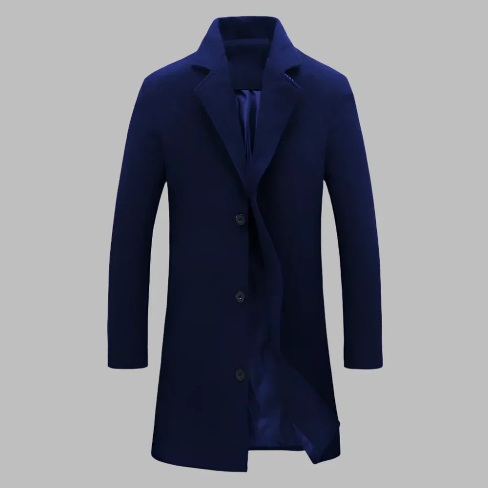 Dunkelblauer Herrenmantel, elegantes Design, dreifach geknöpft, ideal für Herbst und Winter. Stilvolle Herrenmode, klassischer Wollmantel.
