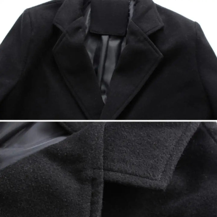 Schwarzer Wollmantel mit Reverskragen, Nahaufnahme. Eleganter Wintermantel für Herren, klassisches Design, hochwertige Verarbeitung.