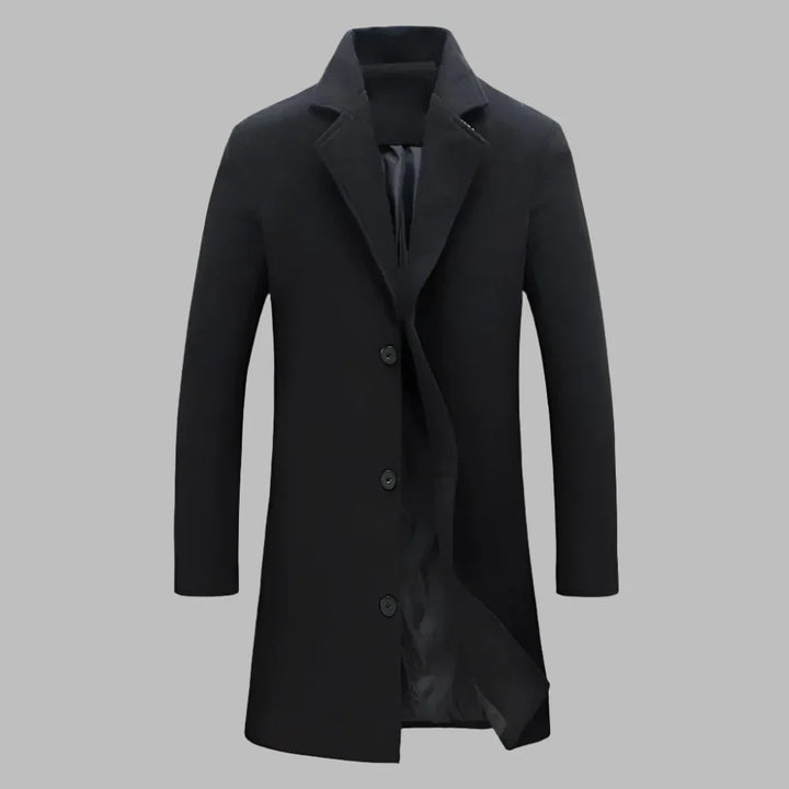 Schwarzer Herrenmantel, elegantes Design, dreifach geknöpft, langer Schnitt, ideal für Herbst und Winter, stilvolle Herrenmode.