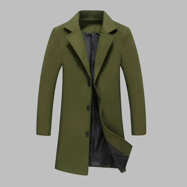 Grüner Herrenmantel mit Knopfleiste, elegantem Design und klassischem Schnitt. Perfekt für Herbstmode und stilvolle Outfits.