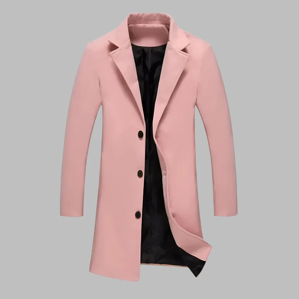 Rosa Damenmantel mit Knopfleiste, elegantem Design und schwarzem Innenfutter, ideal für Herbstmode und stilvolle Outfits.