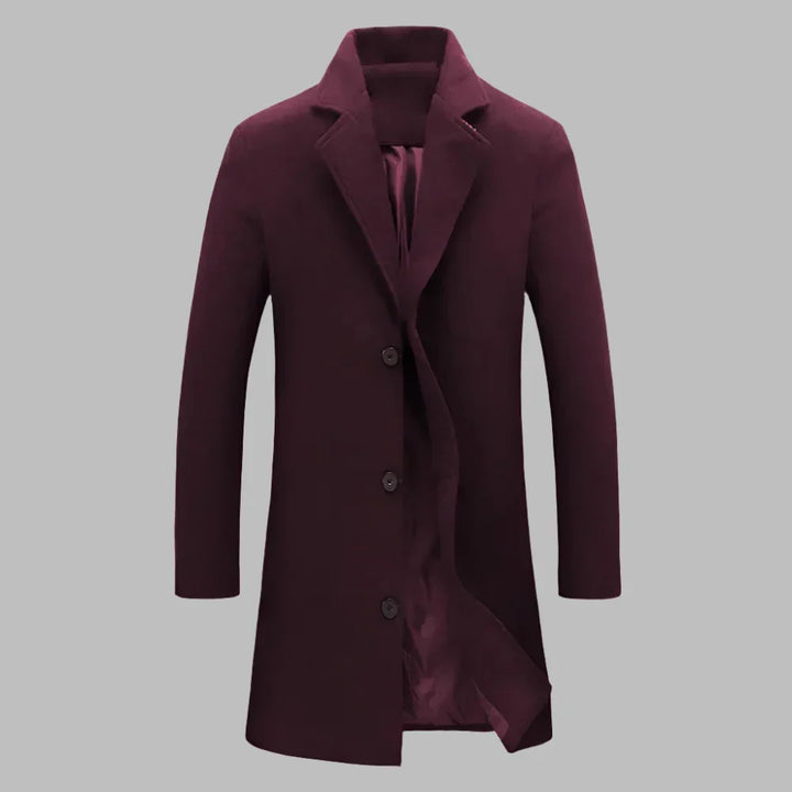 Burgunderroter Herrenmantel aus Wolle, elegant und stilvoll, mit Knopfleiste und Reverskragen, ideal für Herbst- und Wintermode.