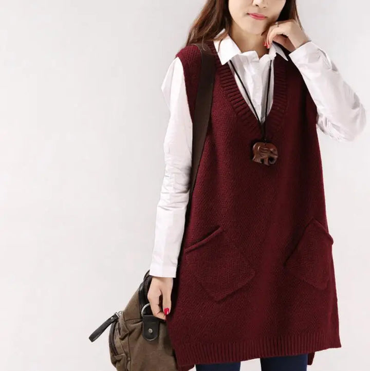 Pullunder für den Herbst - Knielange Strickpullover mit V-Ausschnitt für Damen