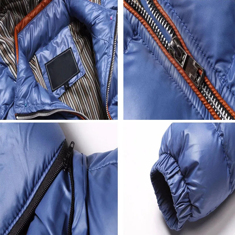 Blaue Daunenjacke mit gestreiftem Innenfutter, Reißverschluss-Details und elastischen Bündchen. Hochwertige Winterjacke für Herren.