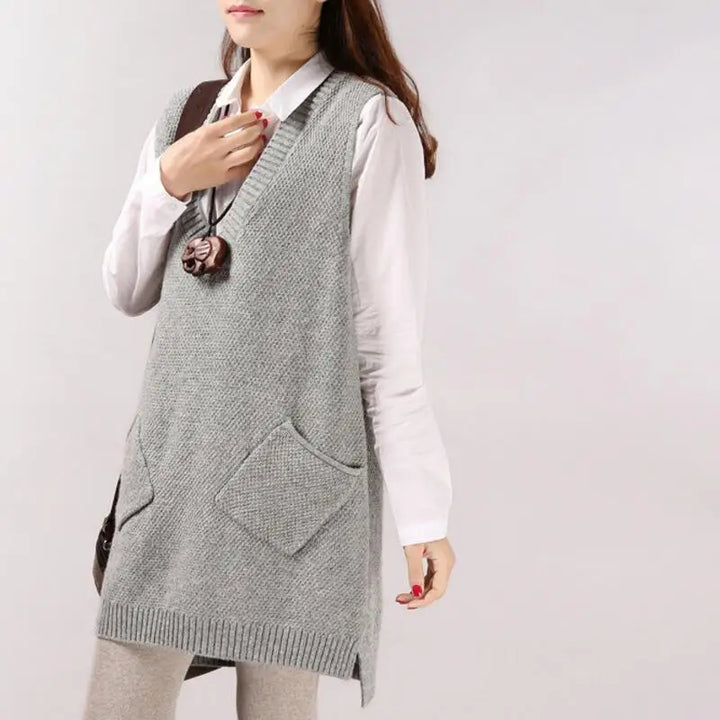 Pullunder für den Herbst - Knielange Strickpullover mit V-Ausschnitt für Damen