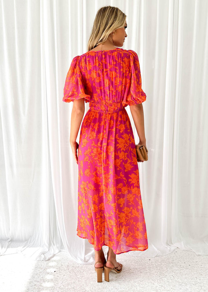 Sommerkleid - Geblümtes Midikleid mit V-Ausschnitt und Puffärmeln