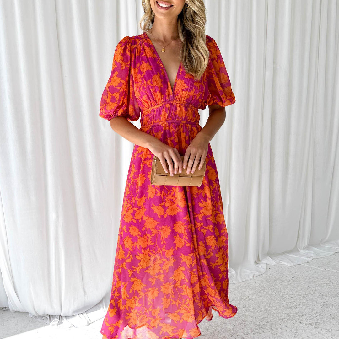 Sommerkleid - Geblümtes Midikleid mit V-Ausschnitt und Puffärmeln