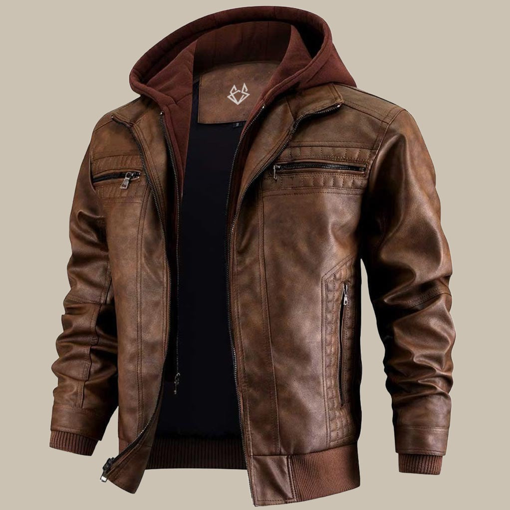 Lederjacke für Herren - Premium Winter Lederjacke mit Kapuze